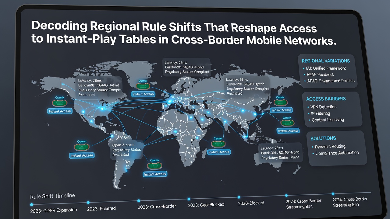 Network diagram showing regulatory boundaries affecting mobile instant-play table routing