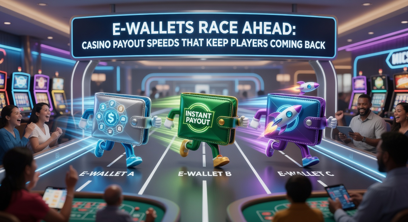 Digital graphic showing e-wallets accelerating casino winnings into players' accounts with speed lines and casino icons
