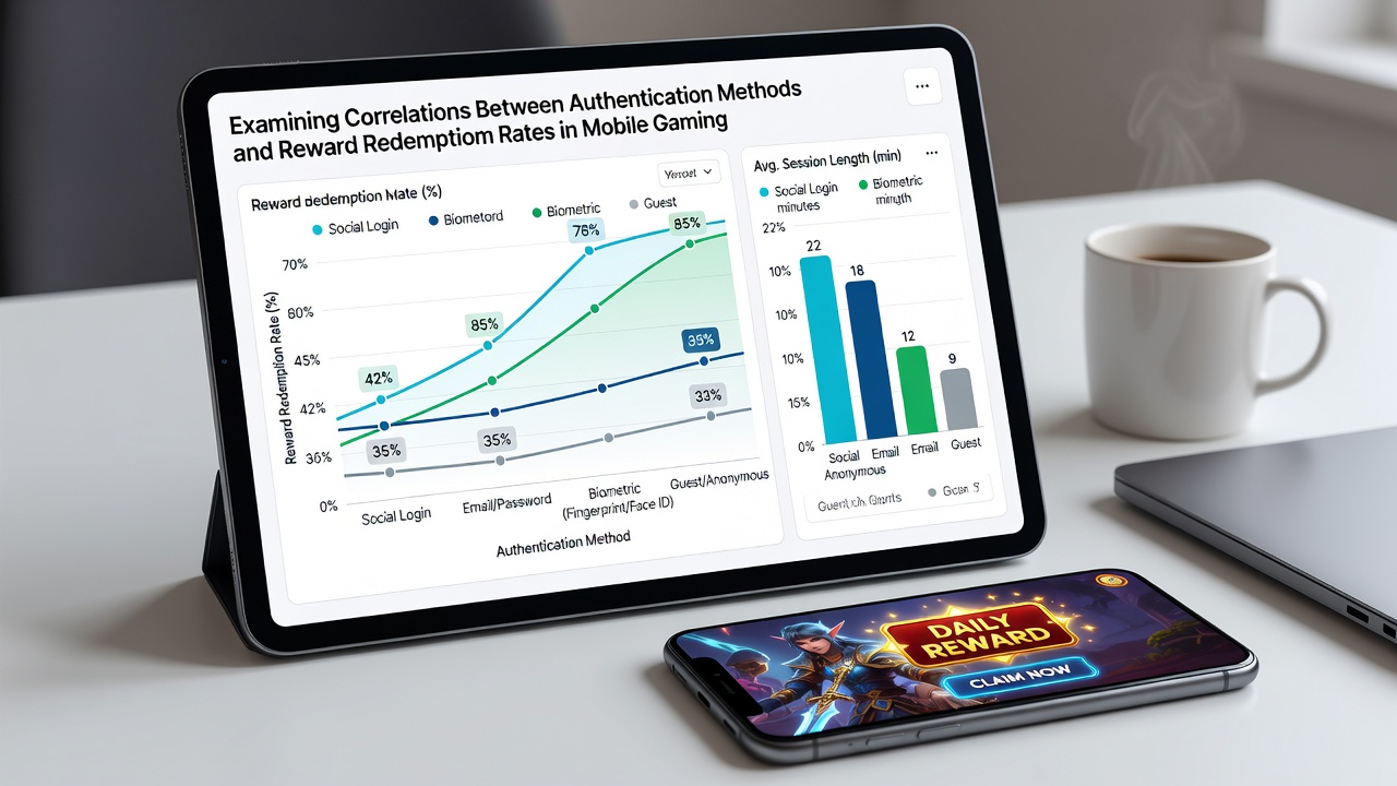 Data visualization charts displaying authentication method usage versus reward redemption percentages in mobile gaming networks