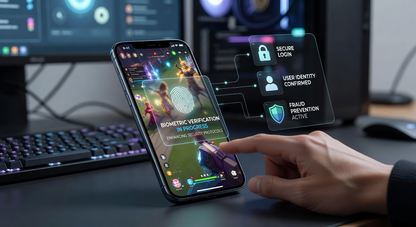Secure mobile transaction screen with biometric confirmation prompt during in-game purchase
