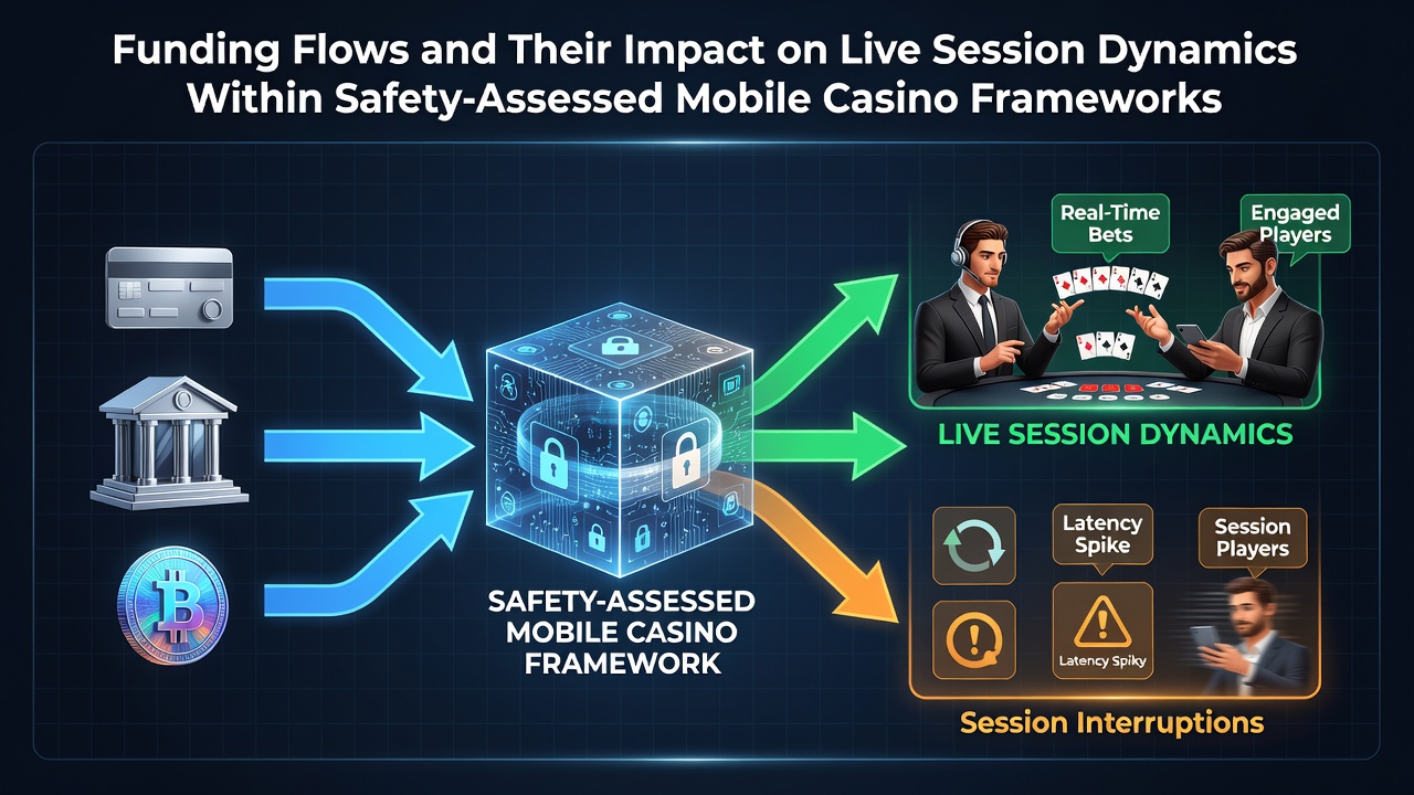 Mobile casino interface showing live dealer tables with funding flow indicators and secure transaction panels