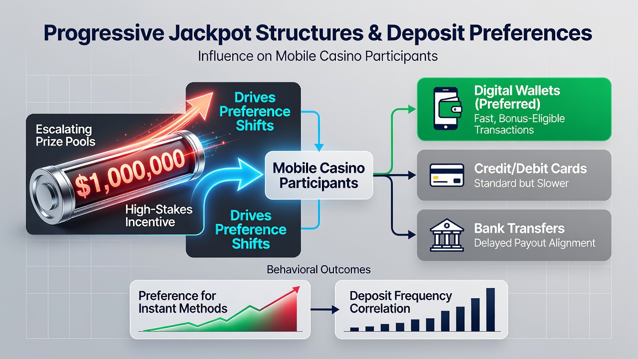 Infographic showing deposit method distribution across progressive jackpot mobile games with growth arrows and percentage breakdowns