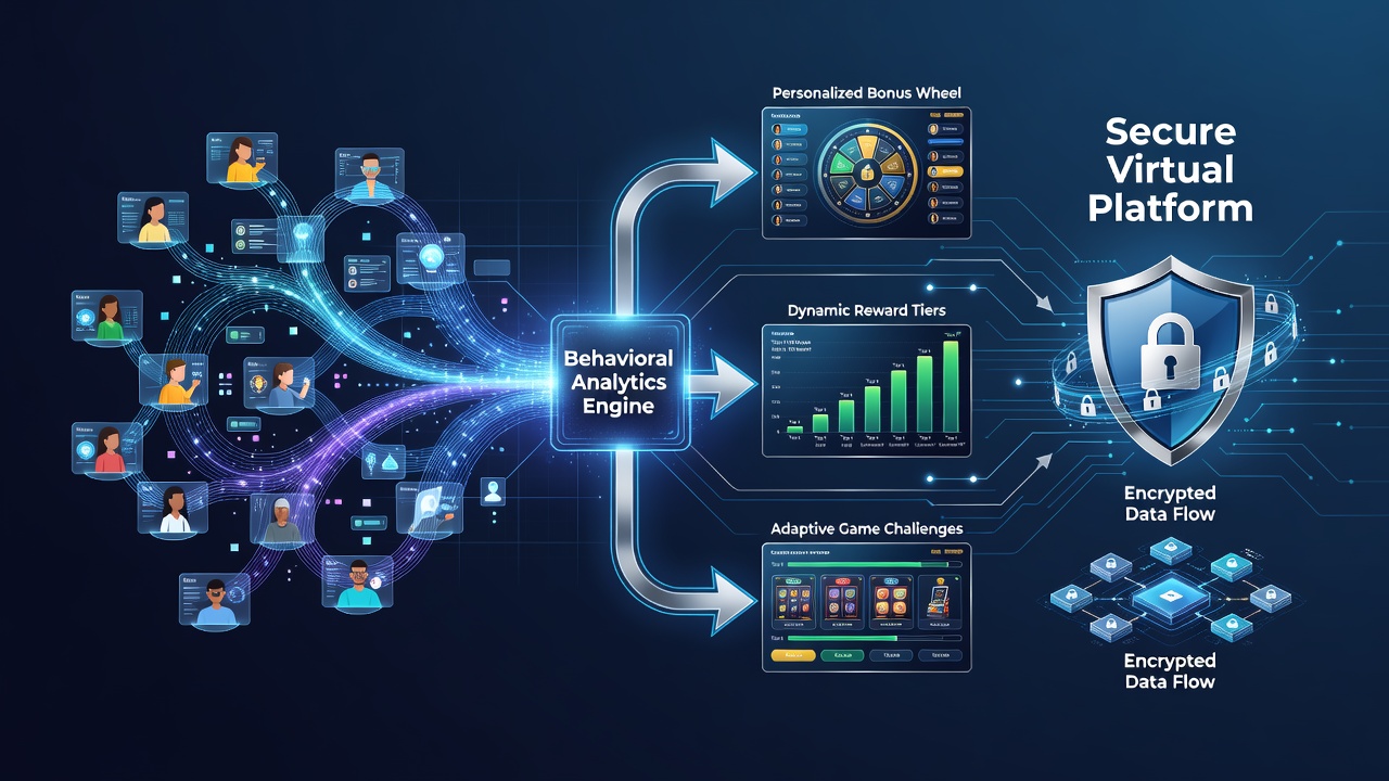 Secure virtual casino platform interface showing data analytics dashboard with player behavior metrics and incentive customization tools