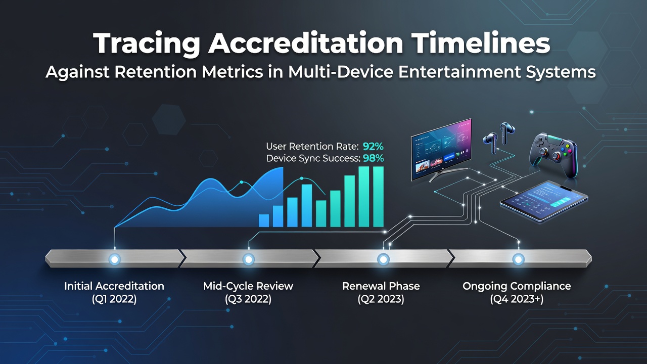 Multi-device entertainment system interface showing accreditation status indicators and user retention graphs across smartphones, tablets, and smart TVs