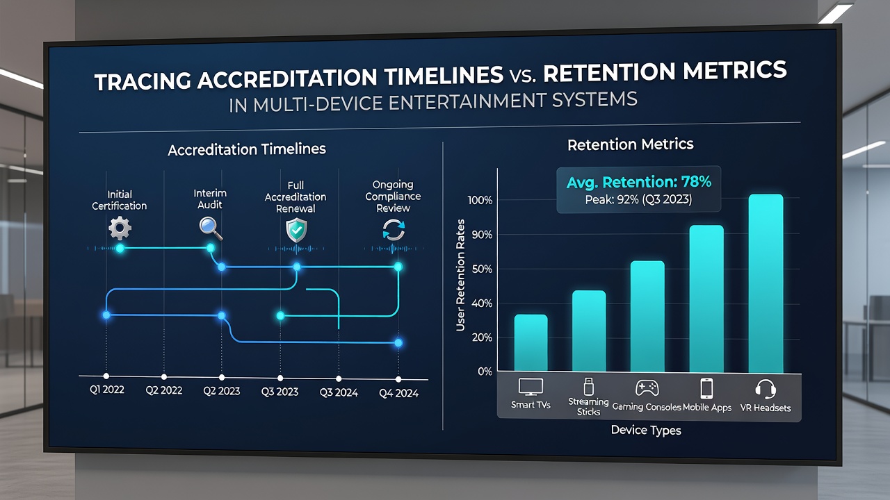 Data visualization dashboard displaying accreditation timeline charts overlaid with retention metrics for multi-device entertainment platforms