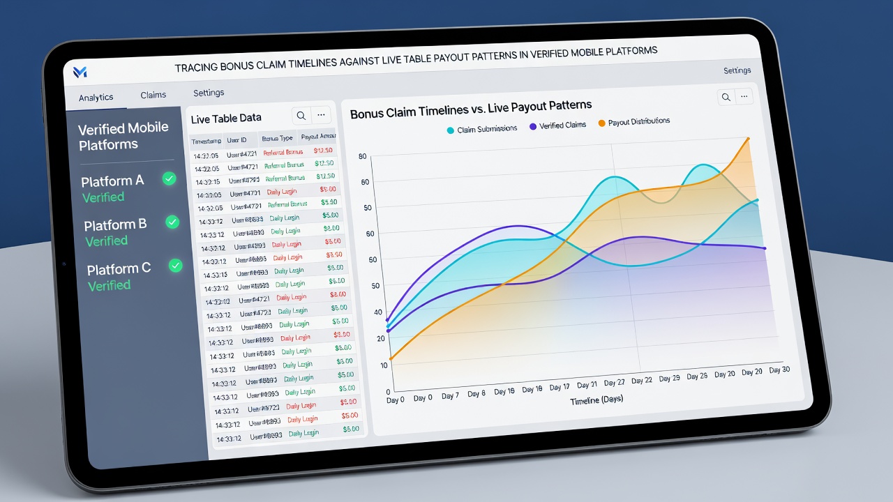 Analytics view of payout patterns from live tables matched against bonus claim records on a mobile interface