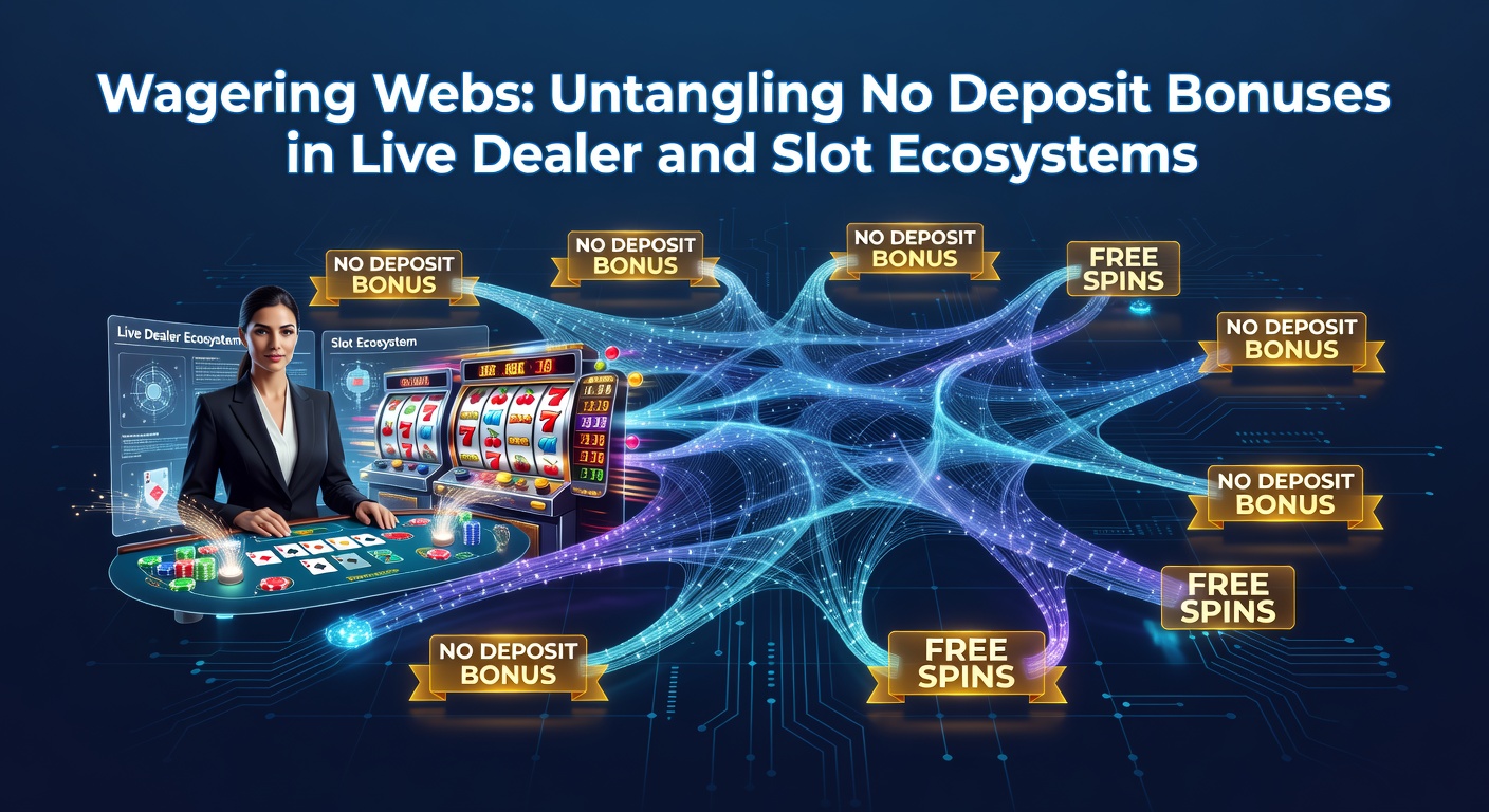 Digital illustration of intertwined webs representing wagering requirements around no deposit bonus icons in a casino interface blending slots and live dealer tables